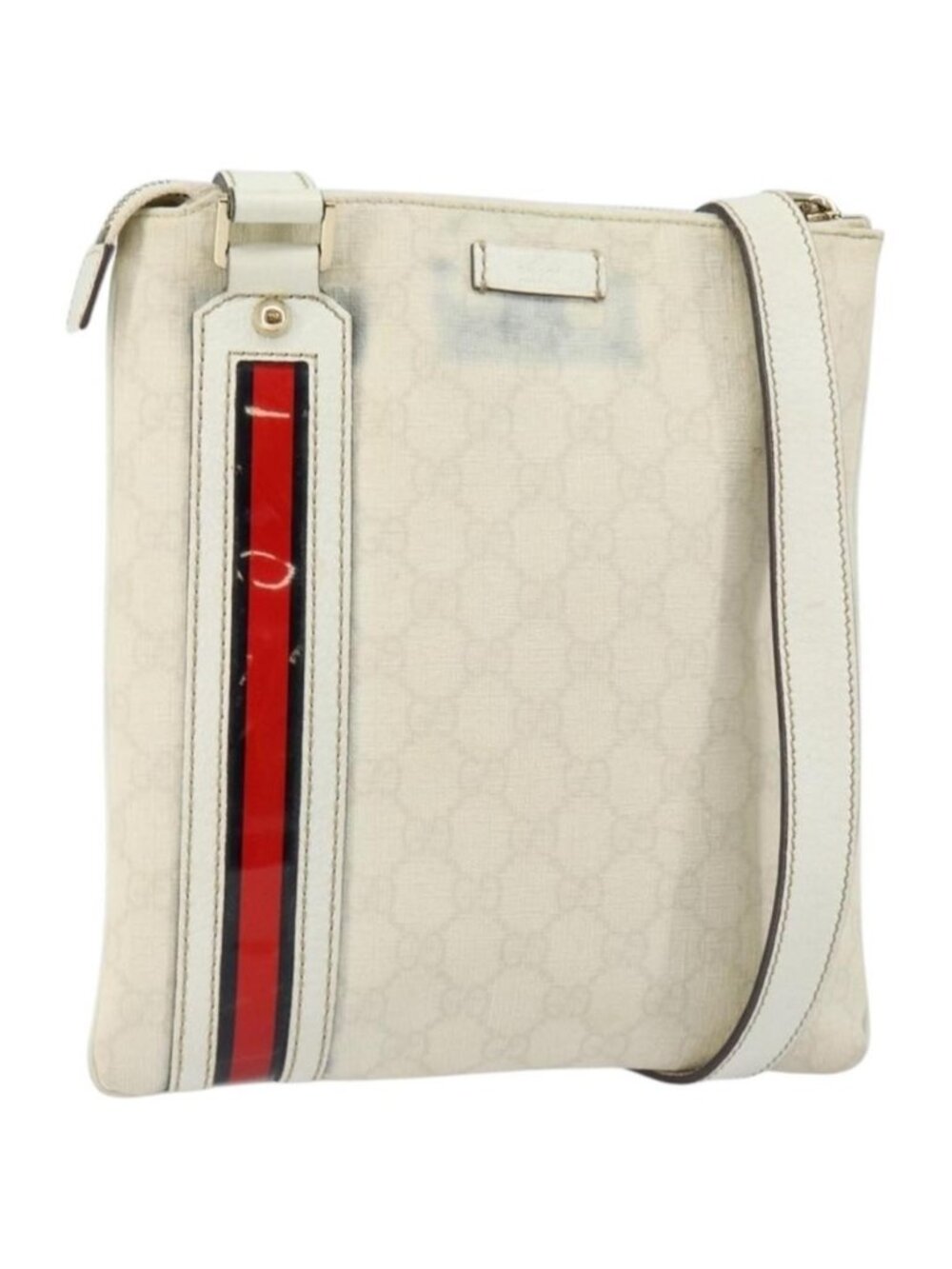 Authentic GUCCI GG Canvas Sherry Line Shoulder Bag PVC White Red Navy 153244
